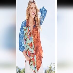 EUC SOFT SURROUNDINGS HERMOSA BOTANICAL ART PEARL BUTTON TUNIC BLOUSE SIZE L